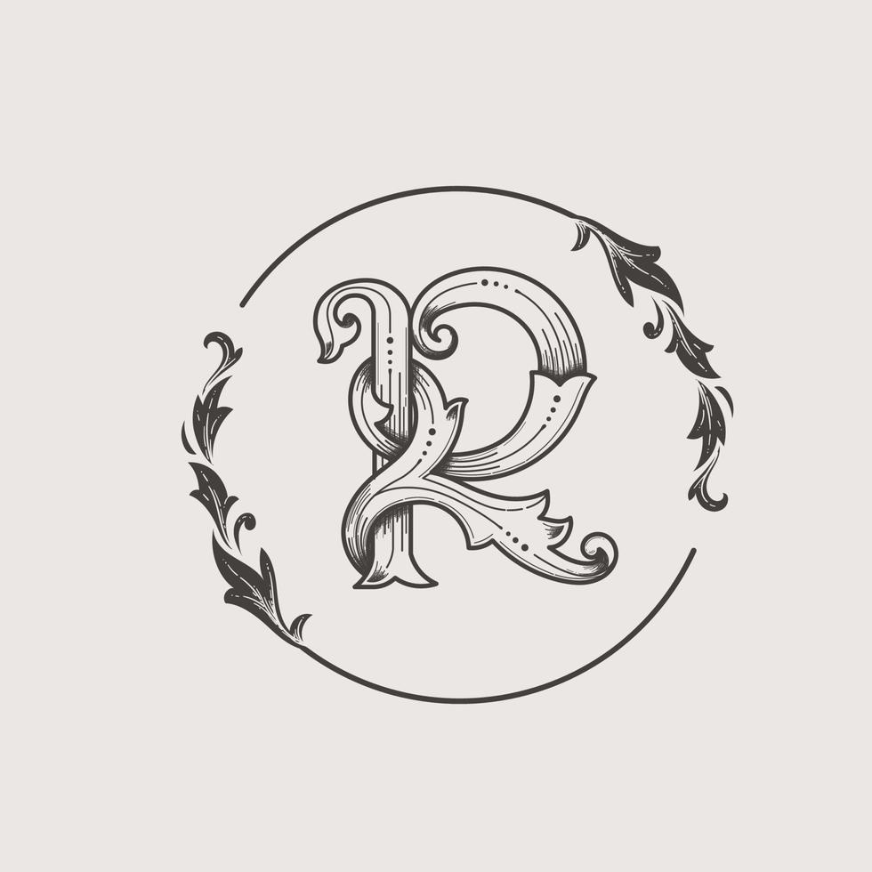 letra del alfabeto ornamental vintage r con marco decorativo floral vector