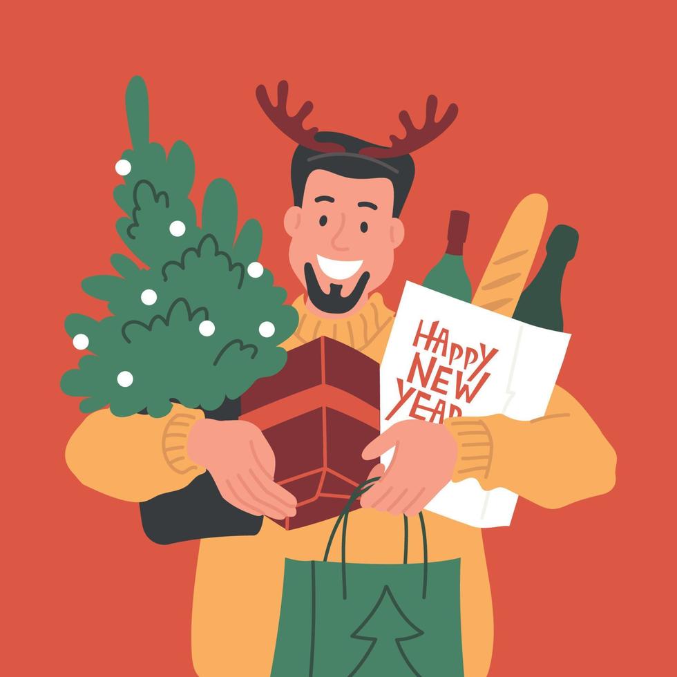 Man with gifts. Preparing for the new year. Christmas shopping. Concept. vector