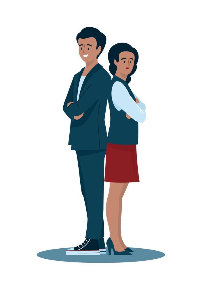 Business people. The guy and the girl folded their arms on their chests and stand with their backs to each other. Office staff, worker, student, schoolboy. Vector image.