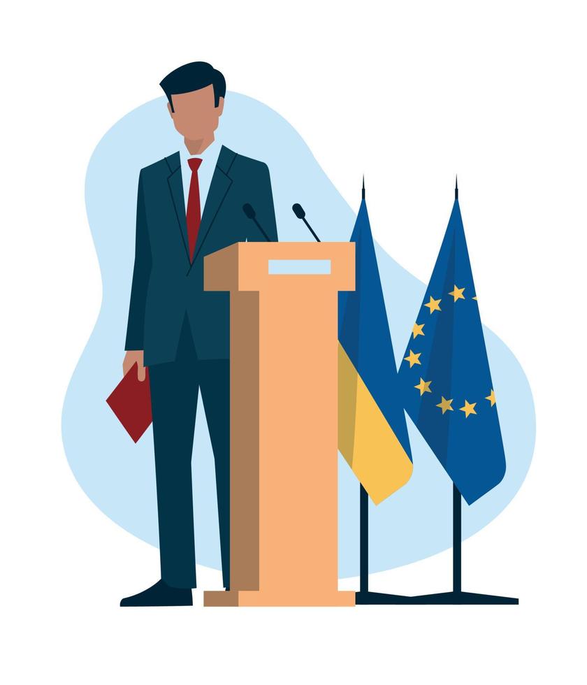 Sanctions. Business people. A man in a business suit with a folder, politician, businessmen. Speech by a man from the podium. Flag of Ukraine and the European Union. Vector image.