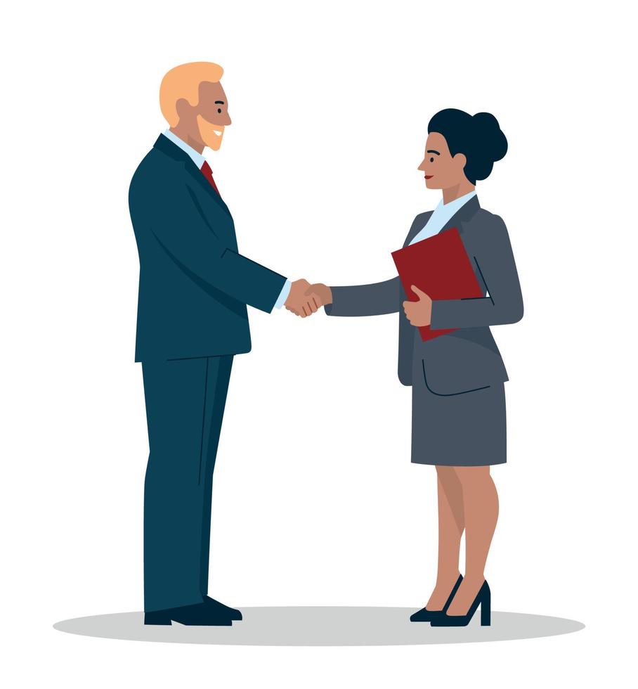 Business people. Recruitment agency. Recruitment. A woman and a man greet each other with a handshake. Office staff, worker, student, schoolboy. Vector image.