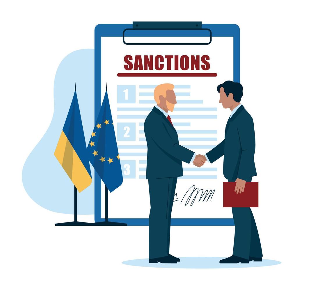 Sanctions. Business people. Men in business suits, politicians, businessmen. Two people greet each other with a handshake. Agreement. Flag of Ukraine and the European Union. sanctions document. vector
