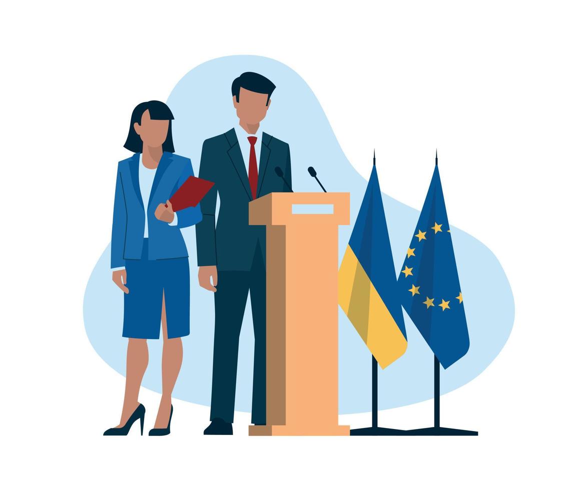 Sanctions. Politics. Business people. Man and woman in business suits, politicians, businessmen, presenters. Flag of Ukraine and the European Union. Vector image.