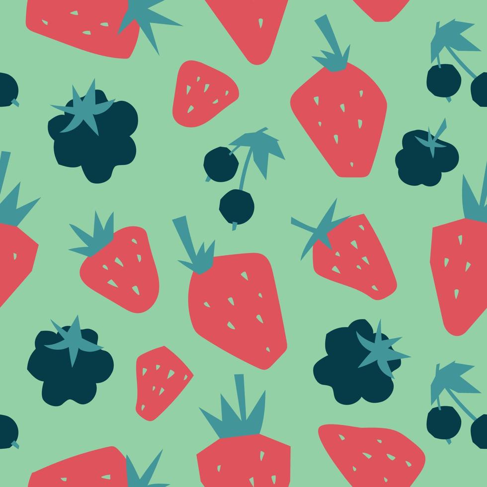 Summer fruits and berries. Seamless pattern. Currant, strawberry, blackberry. Vector image.