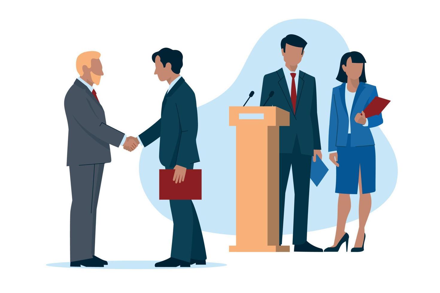 Business people. Man and woman in business suits with a folder. Public speaking from the podium. Men greet each other with a handshake. Official event. Vector image.