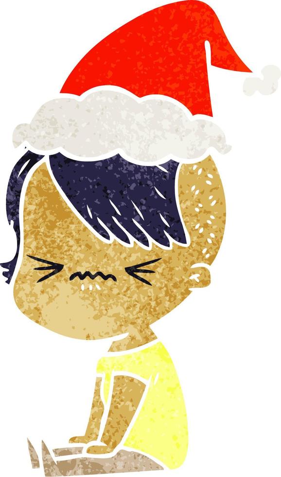 retro cartoon of a annoyed hipster girl wearing santa hat vector