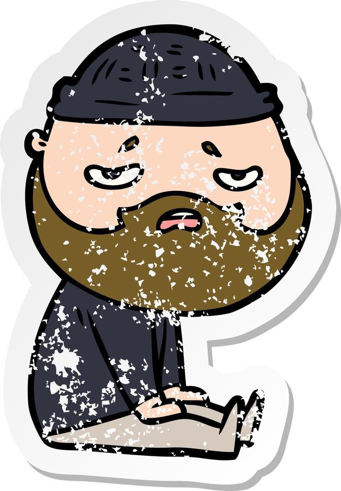 distressed sticker of a cartoon worried man with beard vector