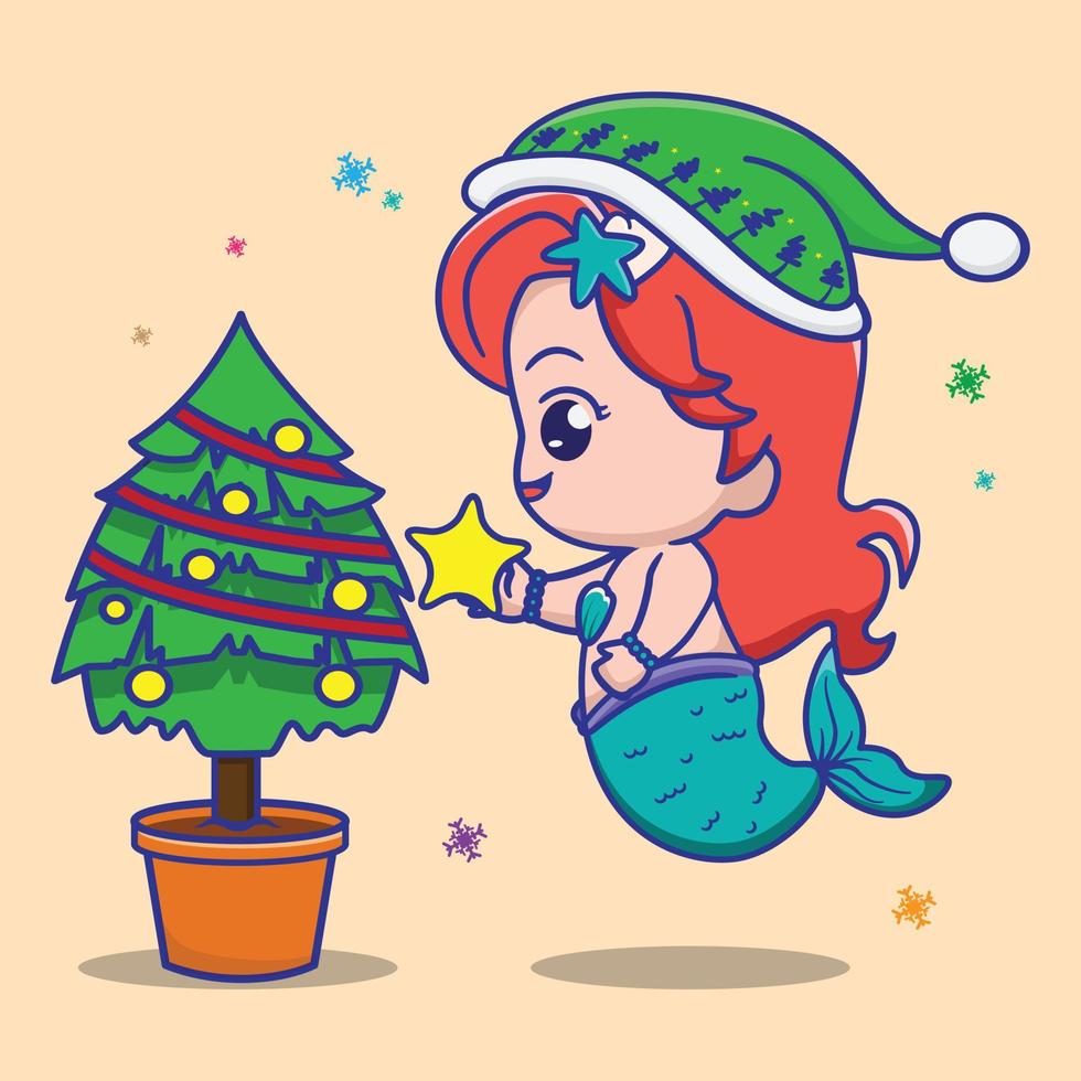 cute mermaid decorating christmas tree, for kids fashion artworks, children books, greeting cards. vector