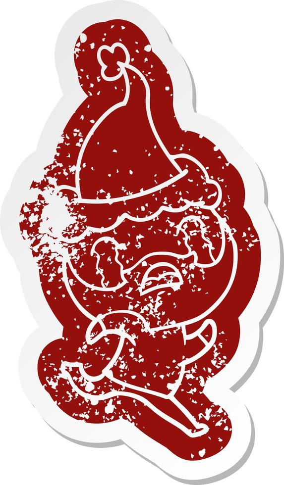 cartoon distressed sticker of a bearded man crying wearing santa hat vector