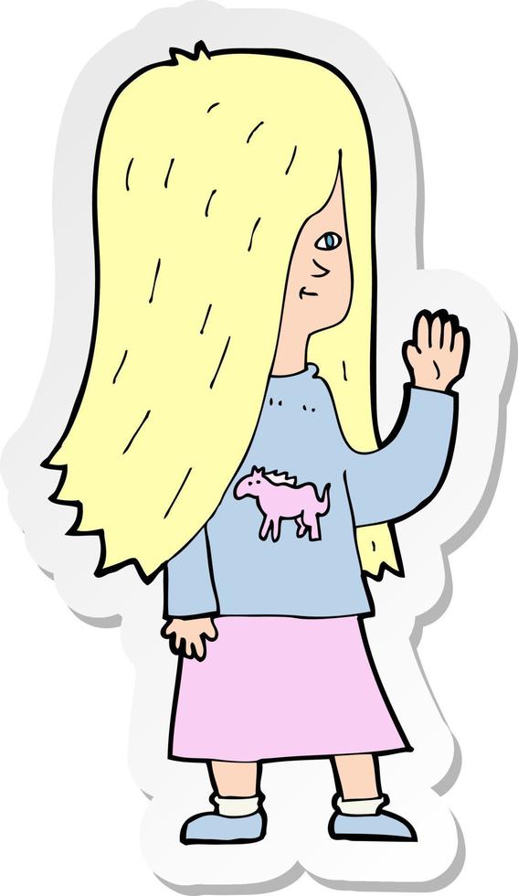 sticker of a cartoon girl with pony shirt waving vector