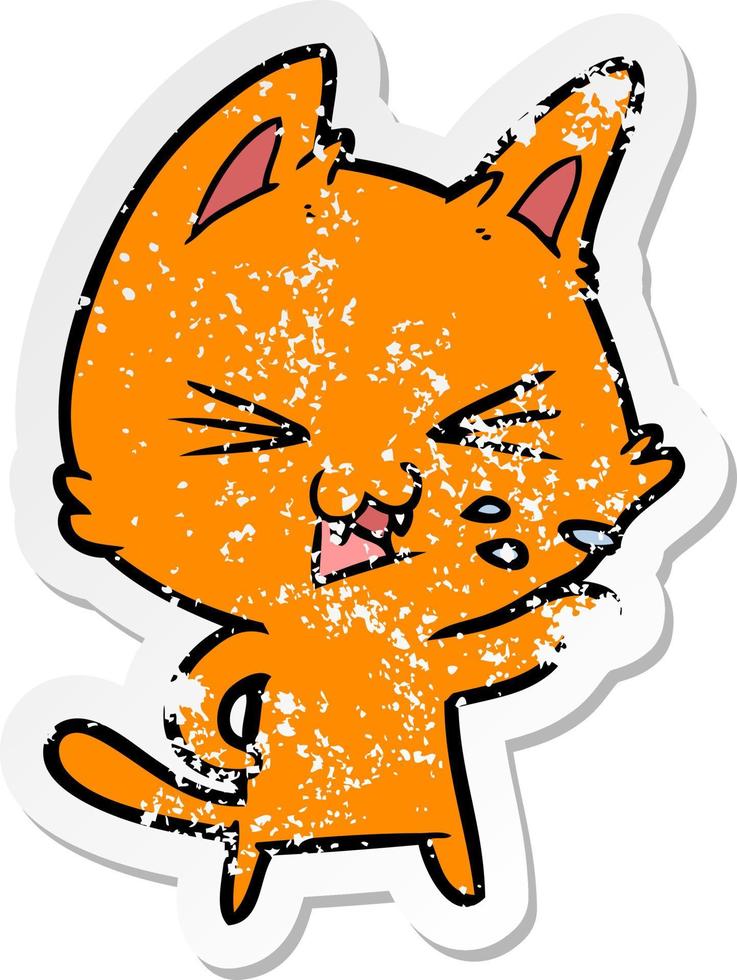 distressed sticker of a cartoon cat hissing vector