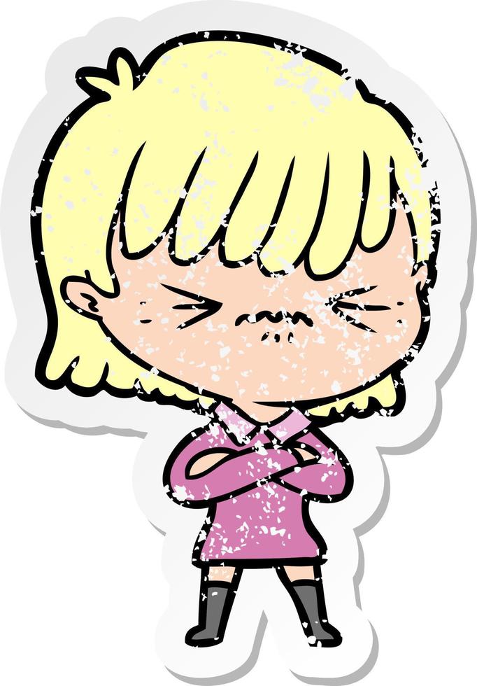 distressed sticker of a annoyed cartoon girl vector