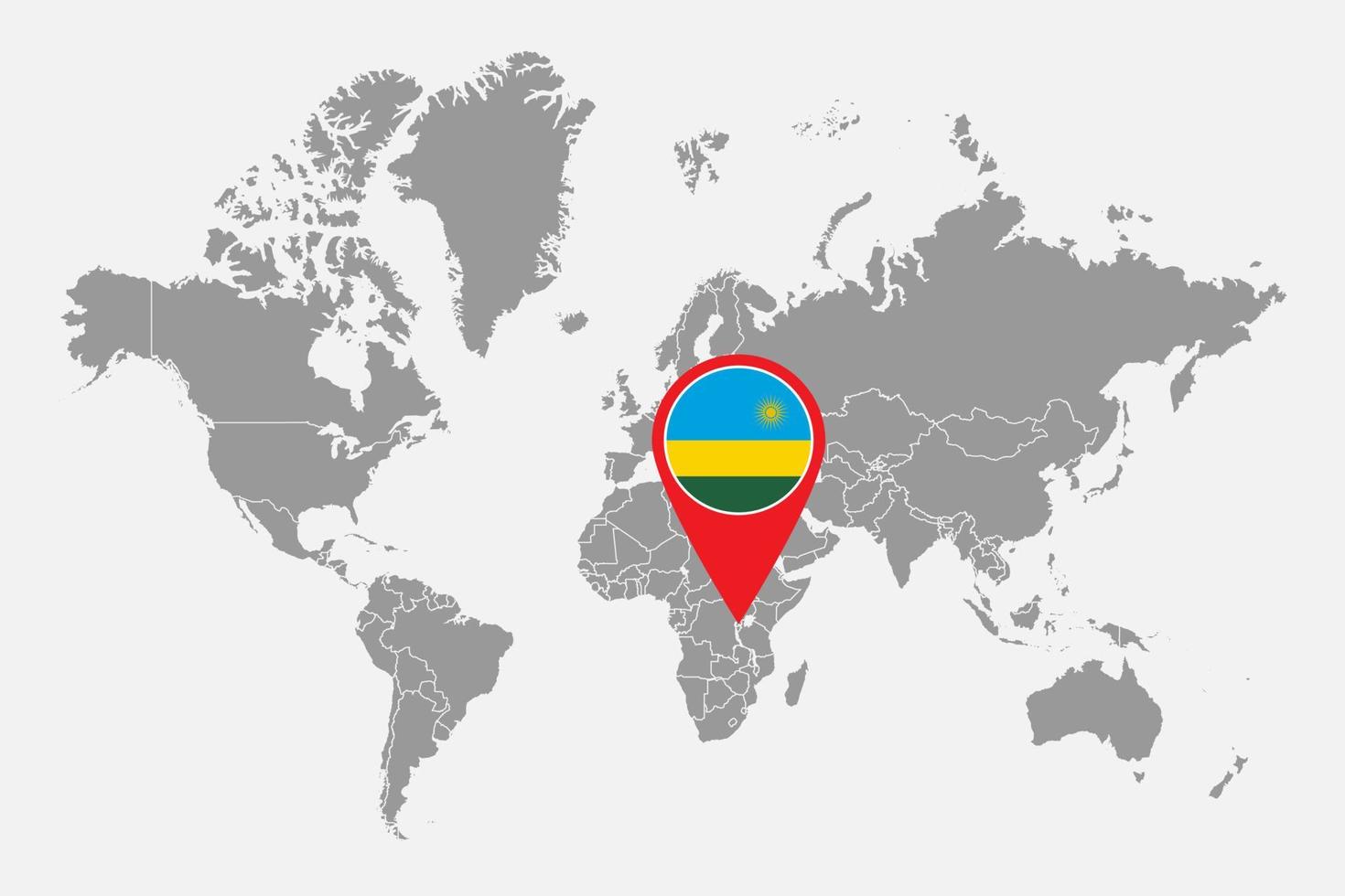 Pin map with Rwanda flag on world map. Vector illustration.