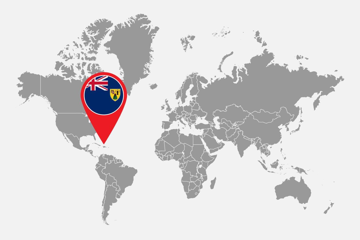 Pin map with Turks and Caicos Islands flag on world map. Vector illustration.