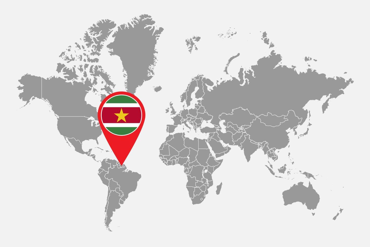 Pin map with Suriname flag on world map. Vector illustration.