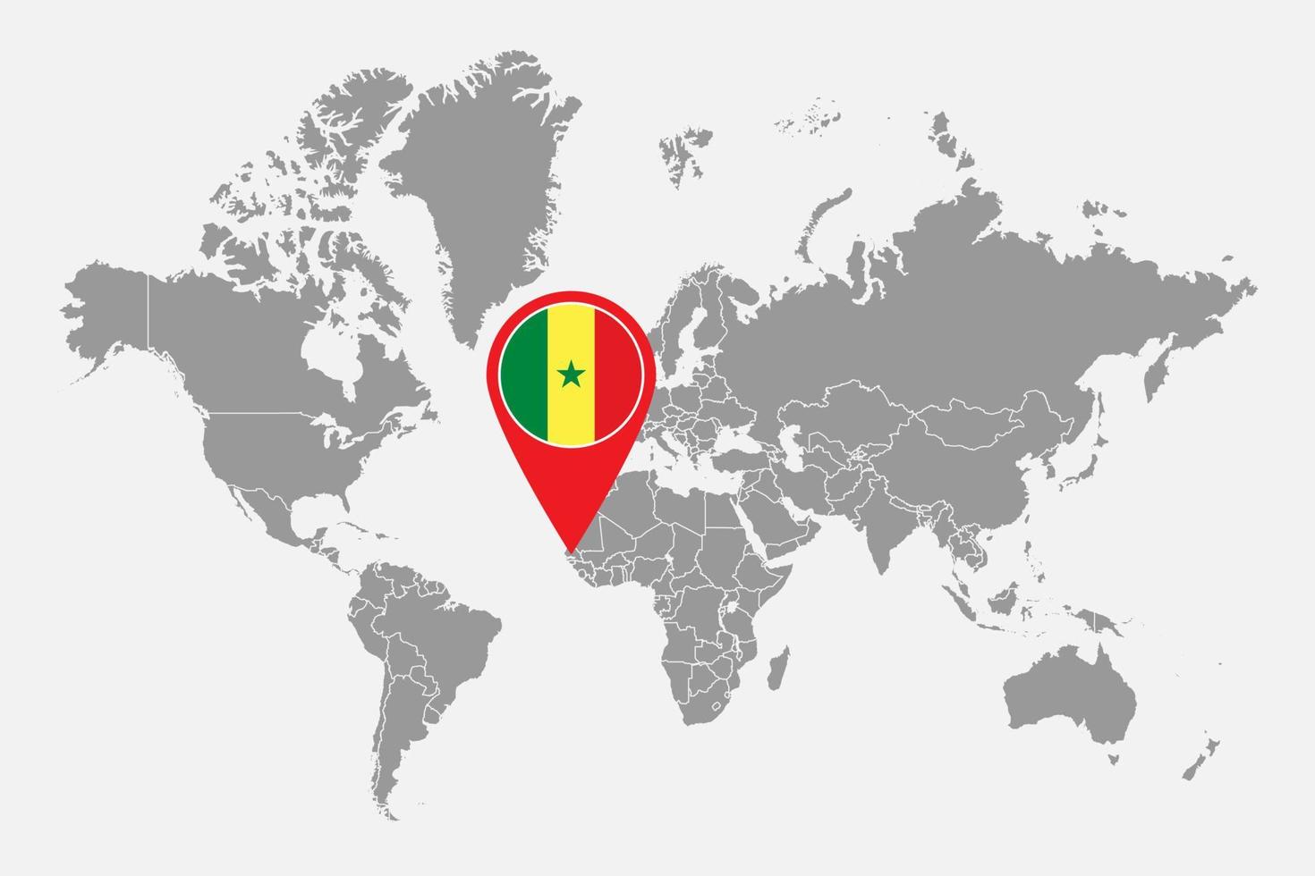 Pin map with Senegal flag on world map. Vector illustration.