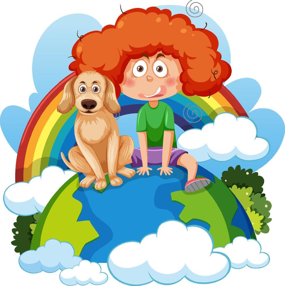 una niña sentada en un globo terráqueo con un perro vector