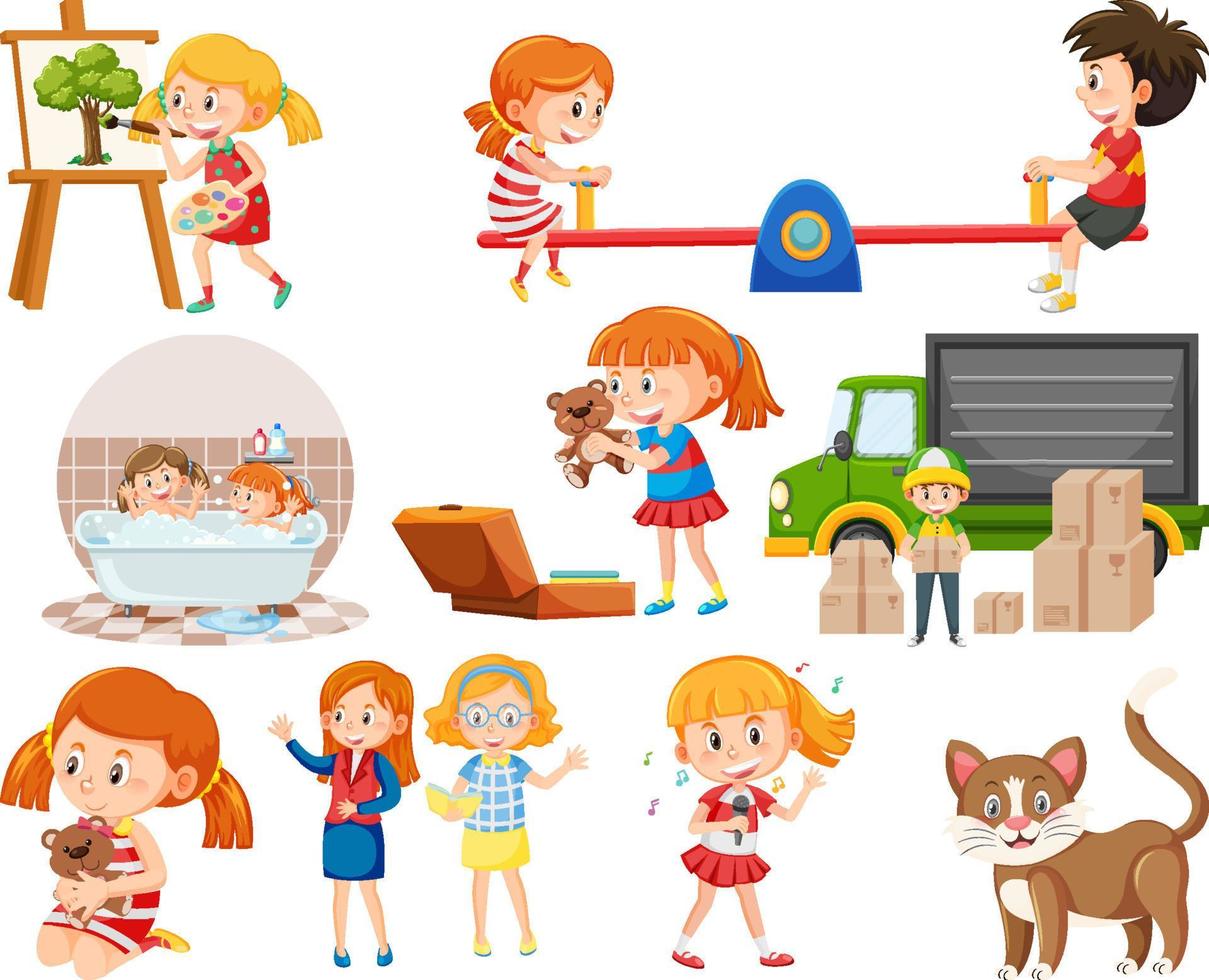 conjunto de diferentes niños y objetos lindos vector