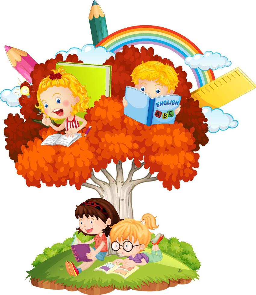 niños con árbol sobre fondo blanco vector