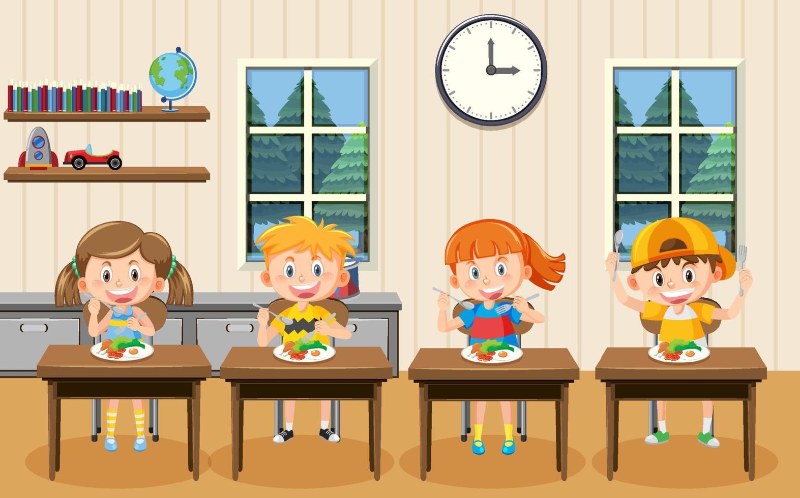 Children having meal in kitchen vector