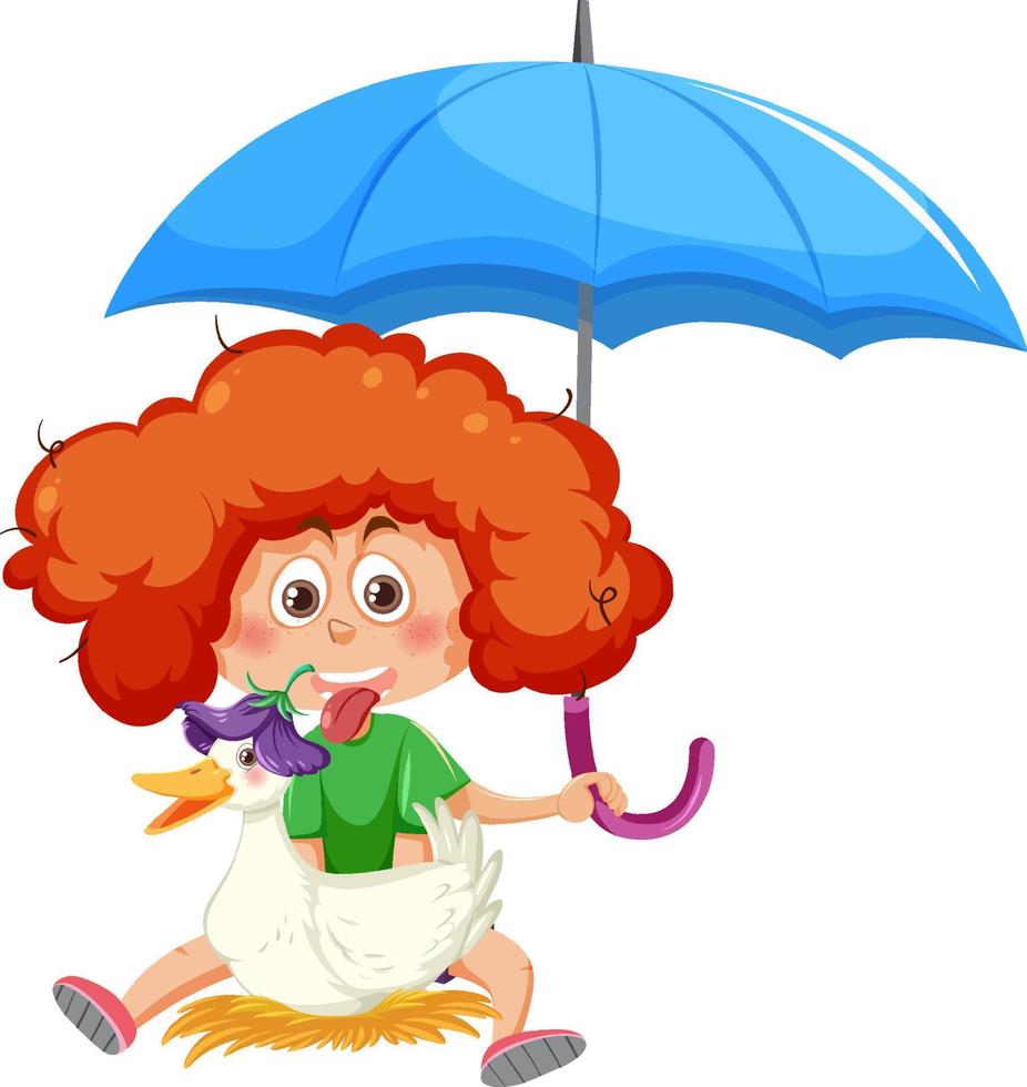 Happy girl holding umbrella and a duck vector