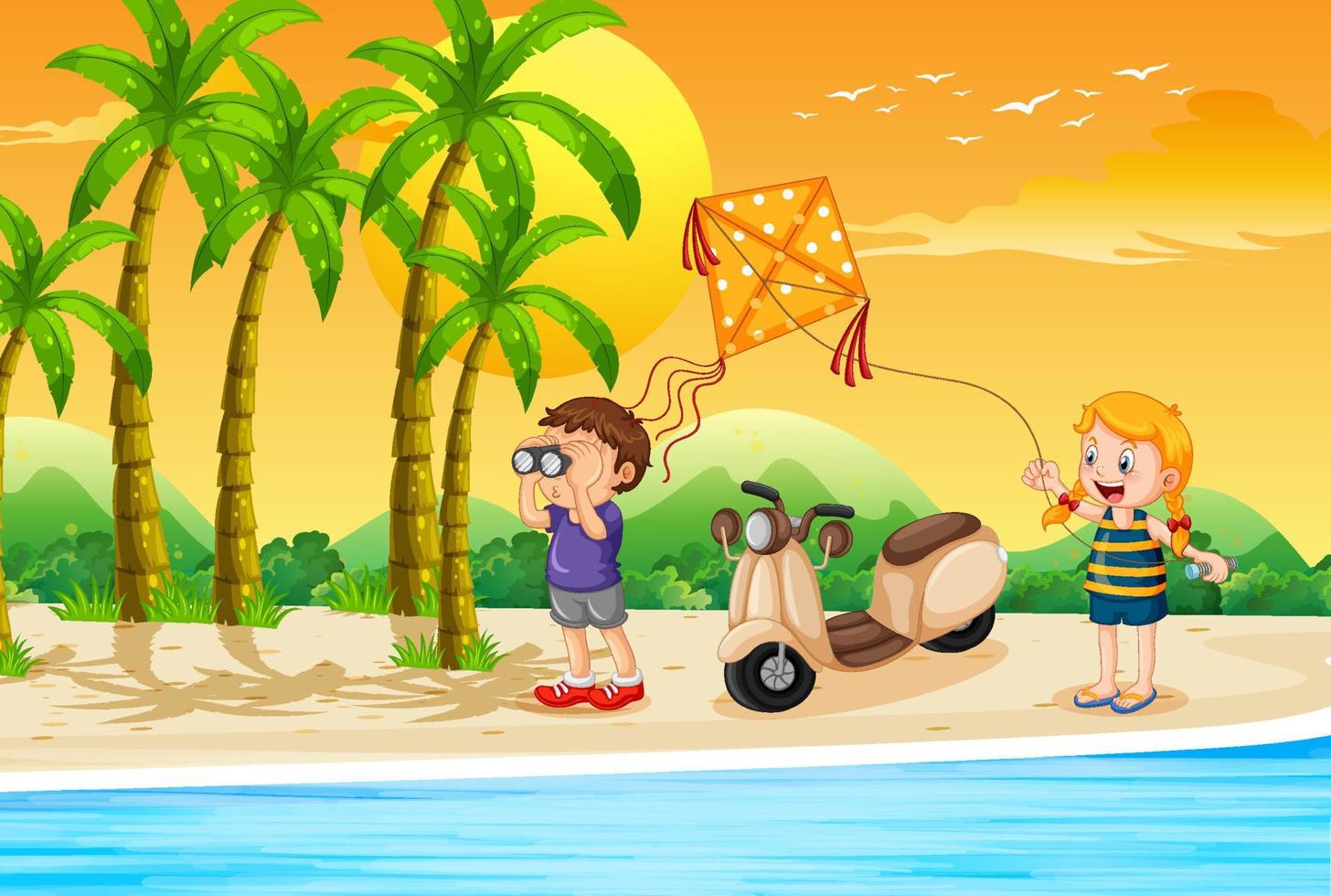 niños felices de vacaciones en la playa vector