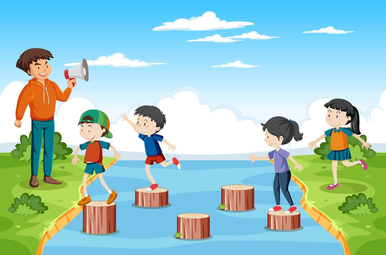 Playground stepping stump with children vector