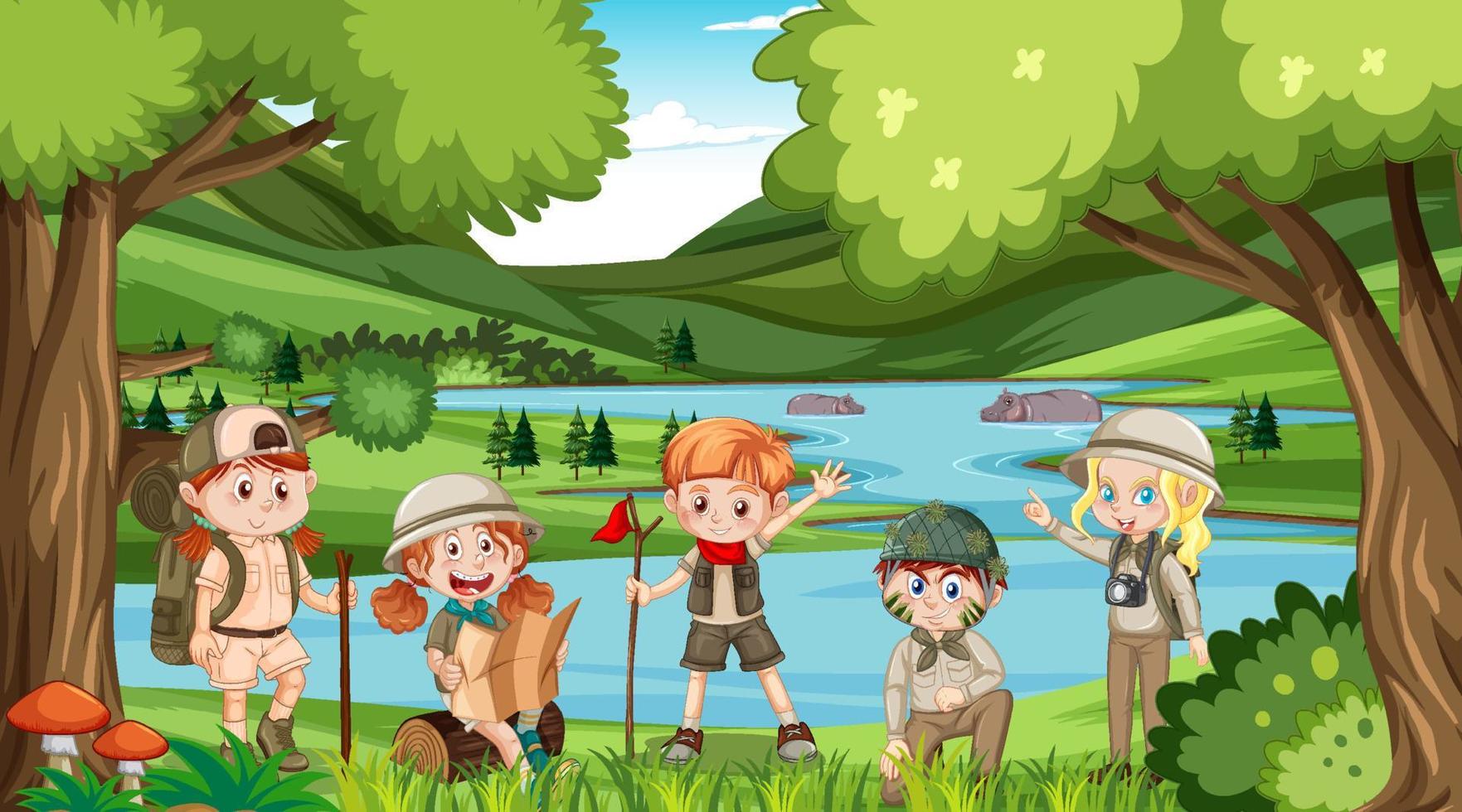 Children hiking in the forest vector