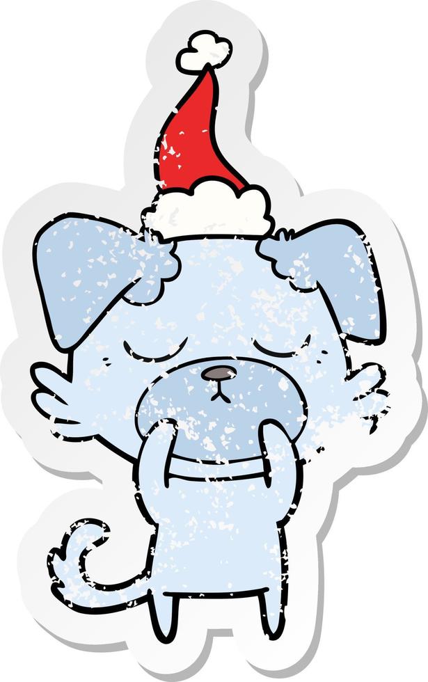 cute distressed sticker cartoon of a dog wearing santa hat vector