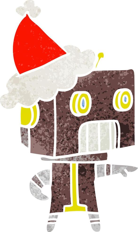 retro cartoon of a robot wearing santa hat vector