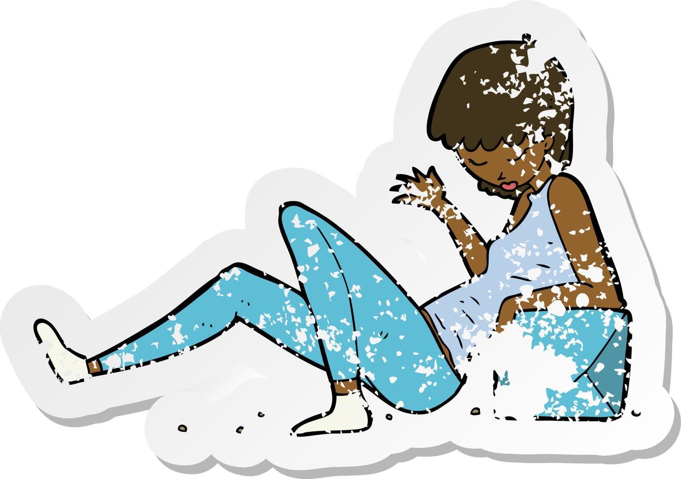 retro distressed sticker of a cartoon woman leaning on package box vector