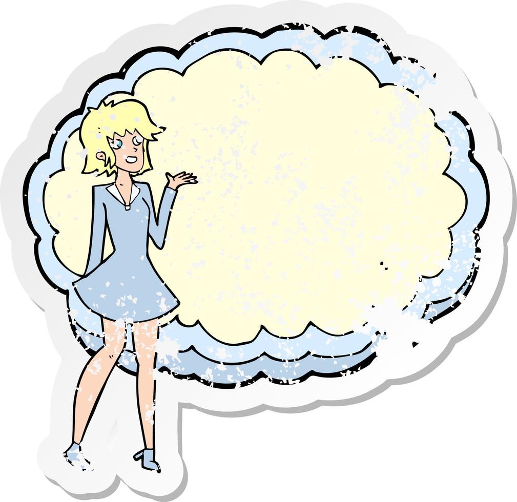 retro distressed sticker of a cartoon friendly woman with cloud text space vector