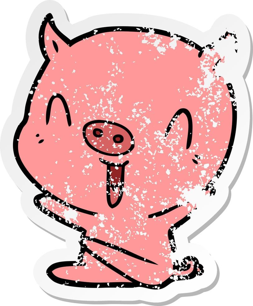 pegatina angustiada de un cerdo sentado feliz de dibujos animados vector
