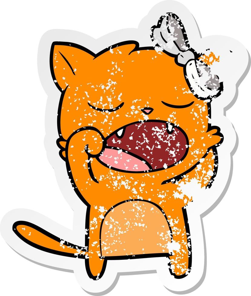 distressed sticker of a cartoon yawning cat vector