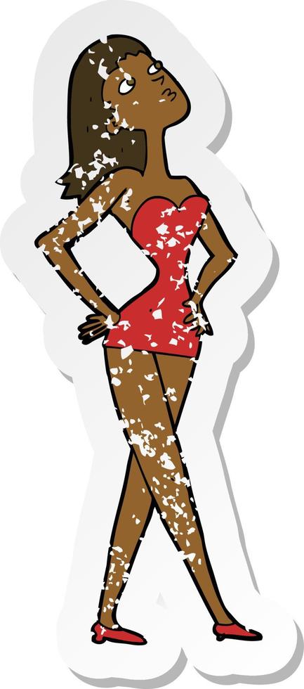 retro distressed sticker of a cartoon woman in party dress vector
