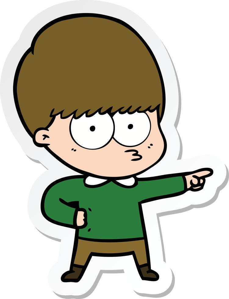 sticker of a nervous cartoon boy pointing vector