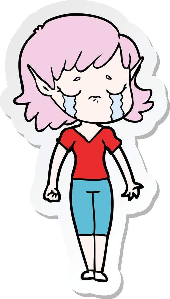 sticker of a crying cartoon elf girl vector