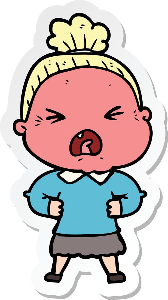 sticker of a cartoon angry old woman vector