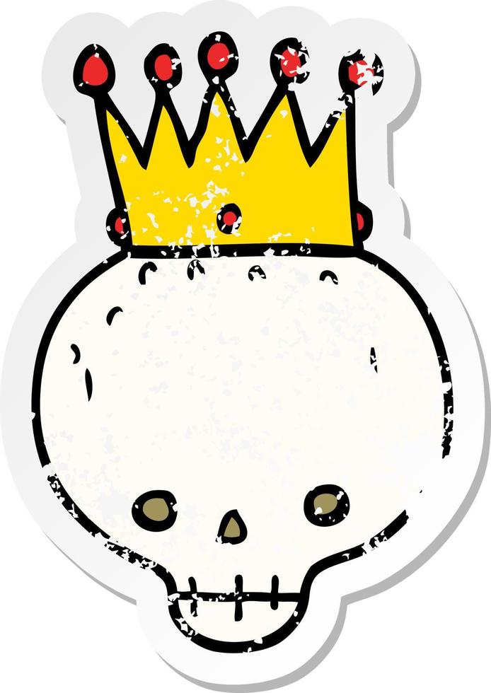 distressed sticker of a cartoon skull with crown vector