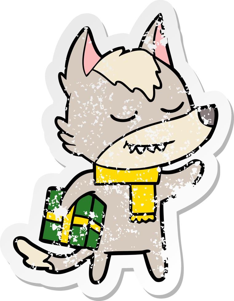 pegatina angustiada de un simpático lobo caricaturesco que lleva un regalo de navidad vector
