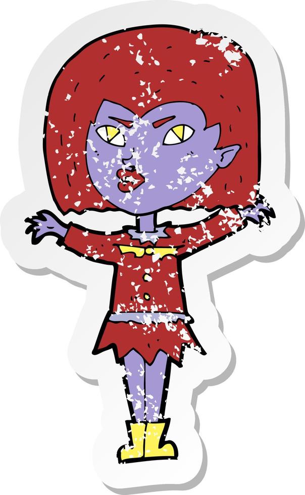 retro distressed sticker of a cartoon vampire girl vector