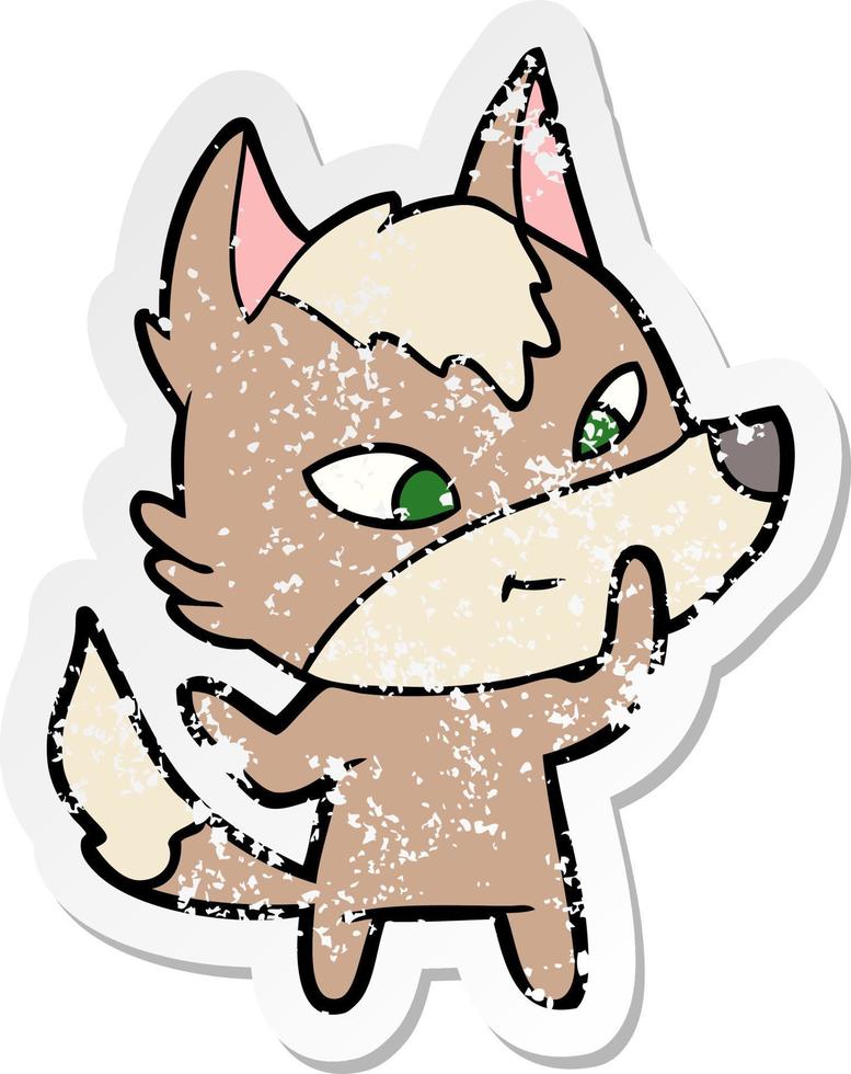 distressed sticker of a friendly cartoon wolf vector