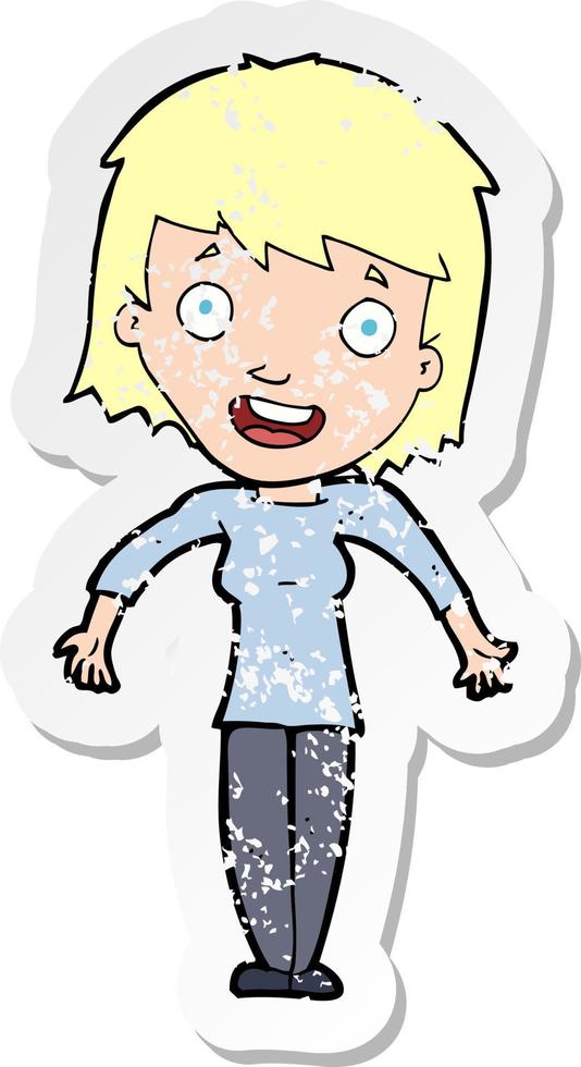 retro distressed sticker of a cartoon woman shrugging shoulders vector