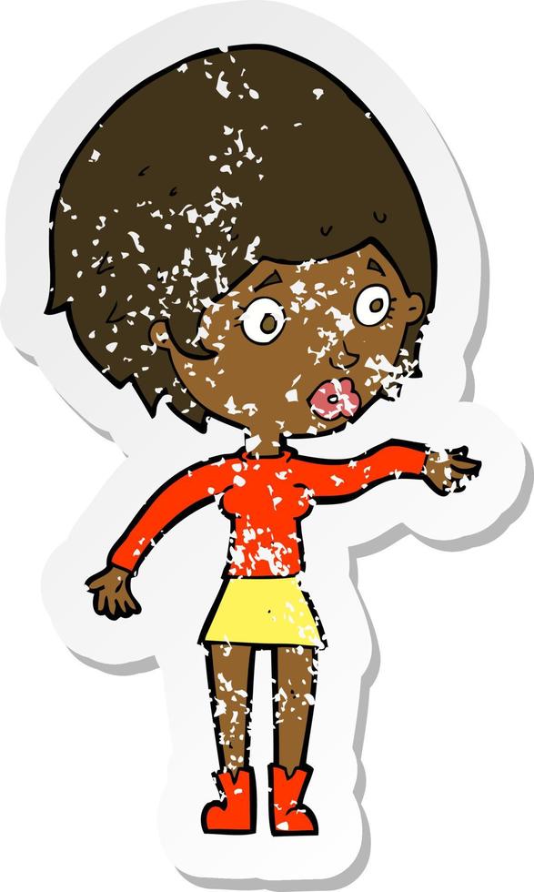 retro distressed sticker of a cartoon concerned woman reaching out vector