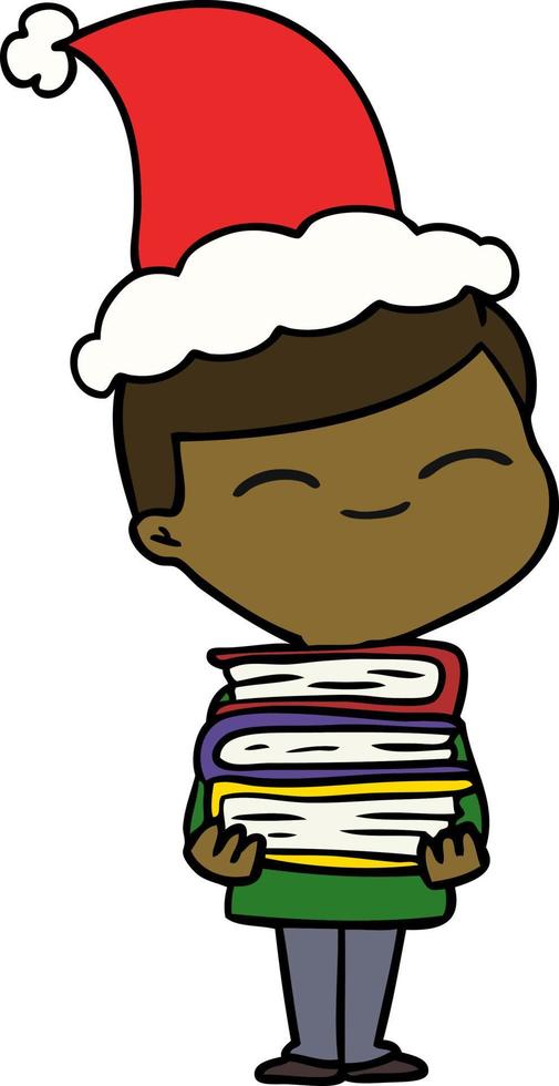 line drawing of a smiling boy with stack of books wearing santa hat vector