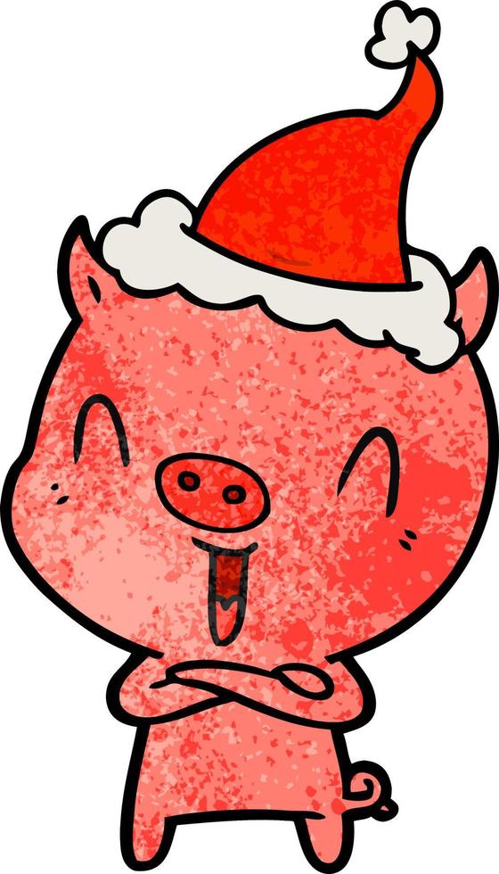 happy textured cartoon of a pig wearing santa hat vector