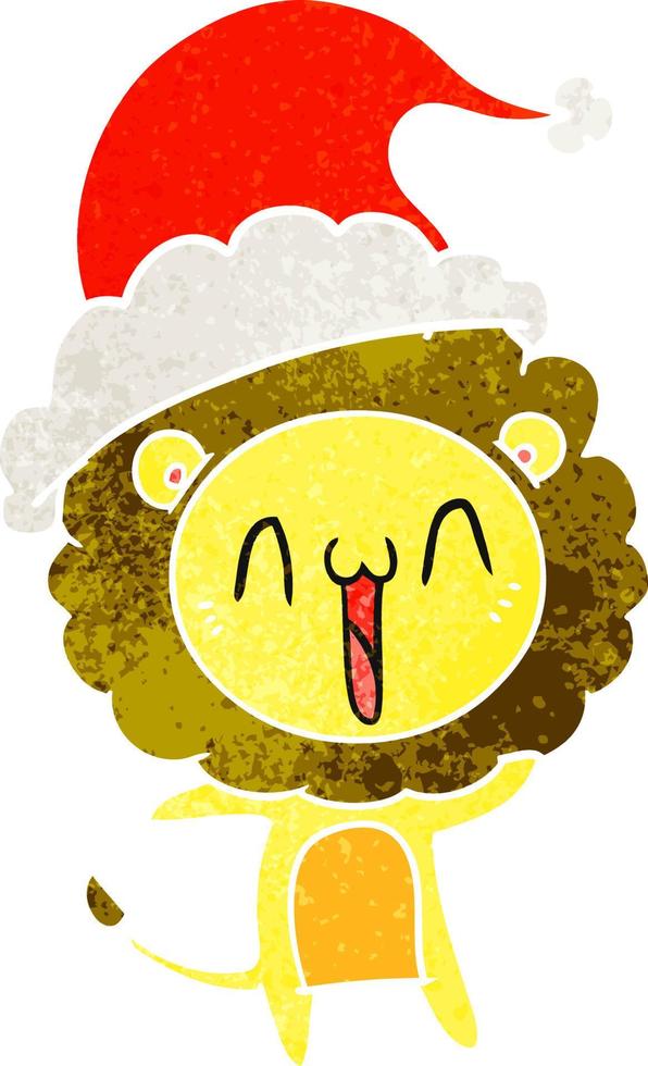 happy retro cartoon of a lion wearing santa hat vector