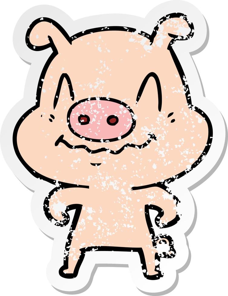 distressed sticker of a nervous cartoon pig vector