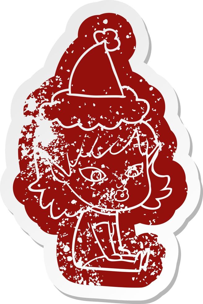 bonita pegatina angustiada de dibujos animados de una niña elfa con sombrero de santa vector