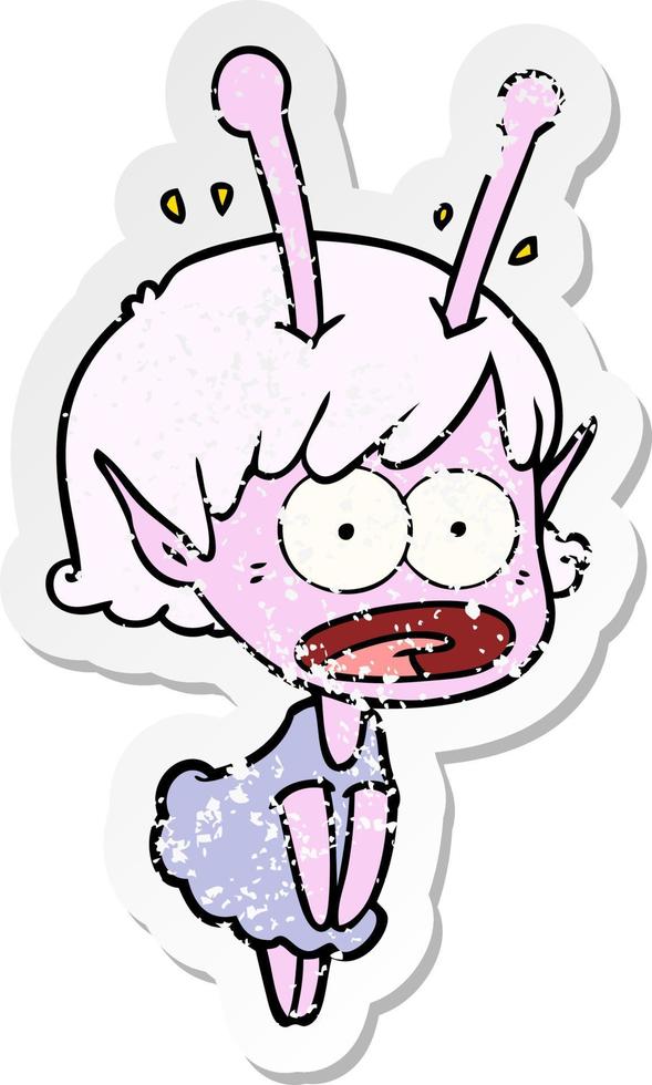 distressed sticker of a cartoon shocked alien girl vector